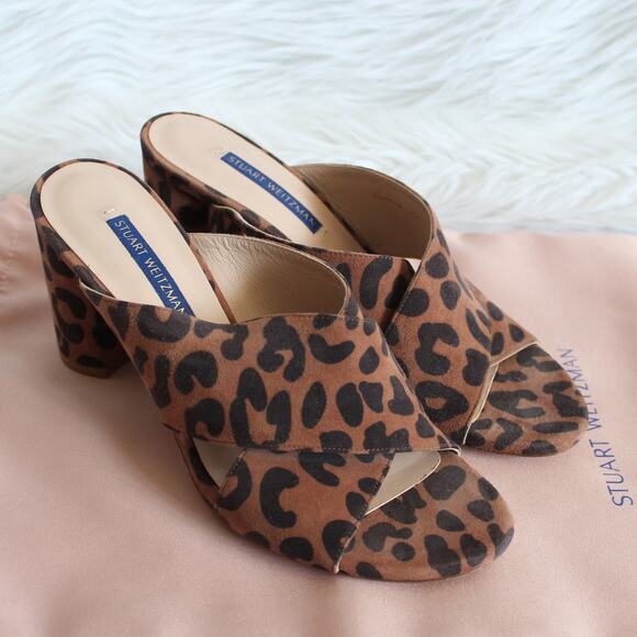 Stuart Weitzman Galene Leopard-Print Suede Criss Cross Open Toe Sandal Mules - Picture 1 of 12